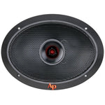 Black car speaker with perforated grille and red center driver dome