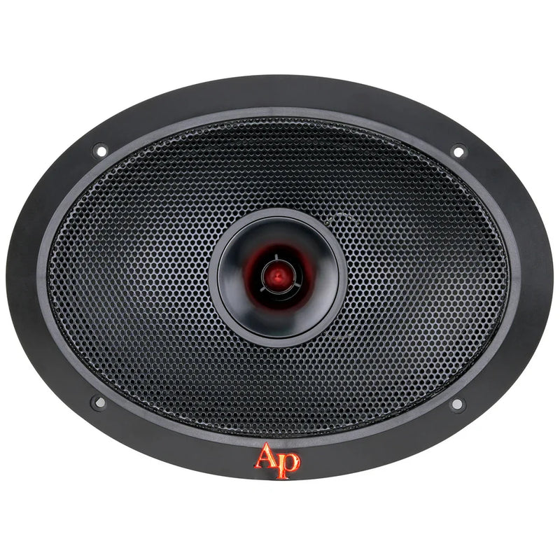 Black car speaker with perforated grille and red center driver dome