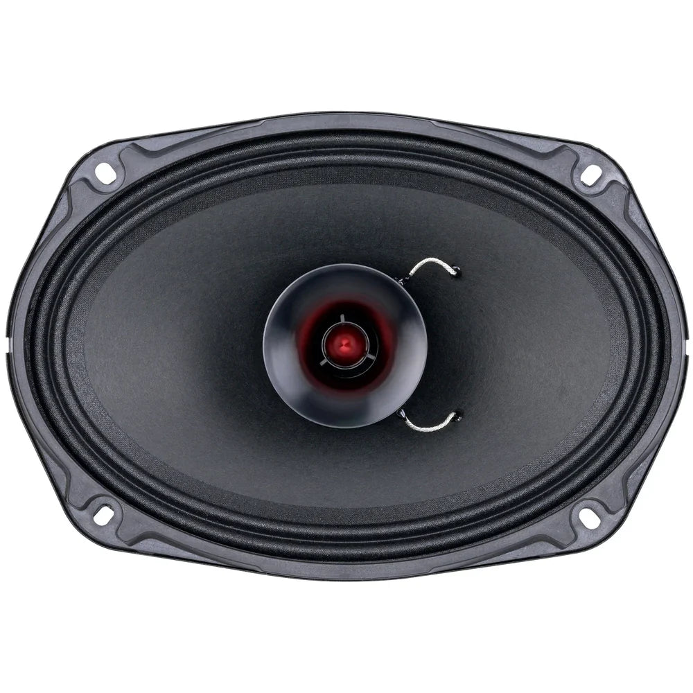 Black woofer speaker with black cone and two silver spring terminals, frontal view