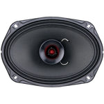 Black woofer speaker with black cone and two silver spring terminals, frontal view