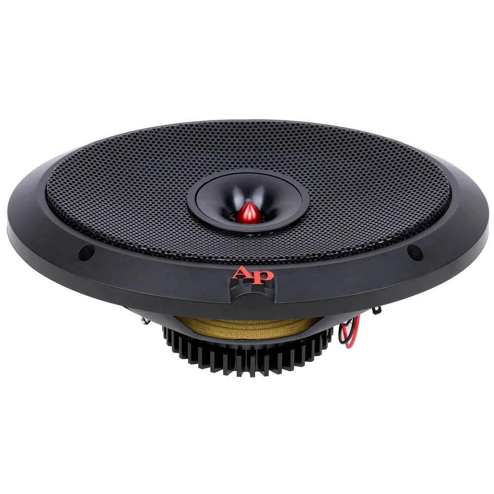 Black speaker grille with red-tipped dome driver and mounting holes, angled close-up