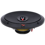 Black speaker grille with red-tipped dome driver and mounting holes, angled close-up