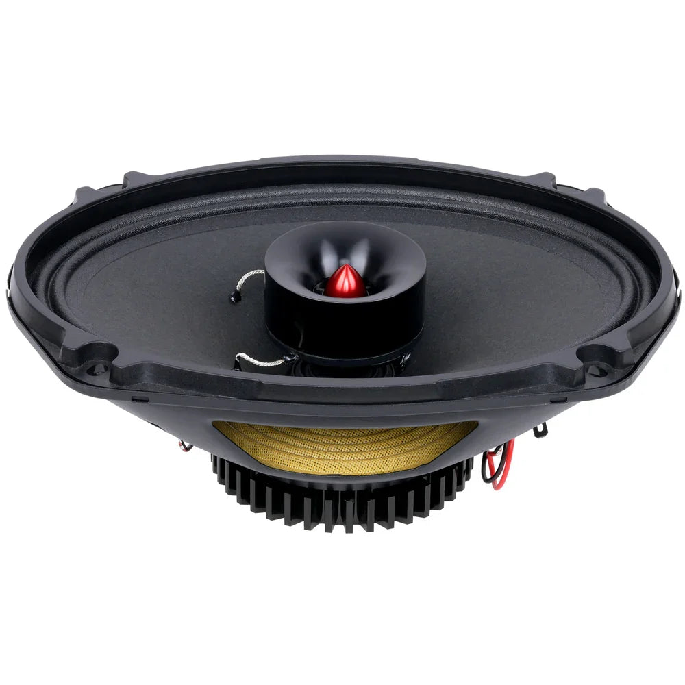 Black car speaker with visible cone assembly, red-tipped dome, and cooling fins