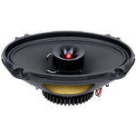 Black car speaker with visible cone assembly, red-tipped dome, and cooling fins