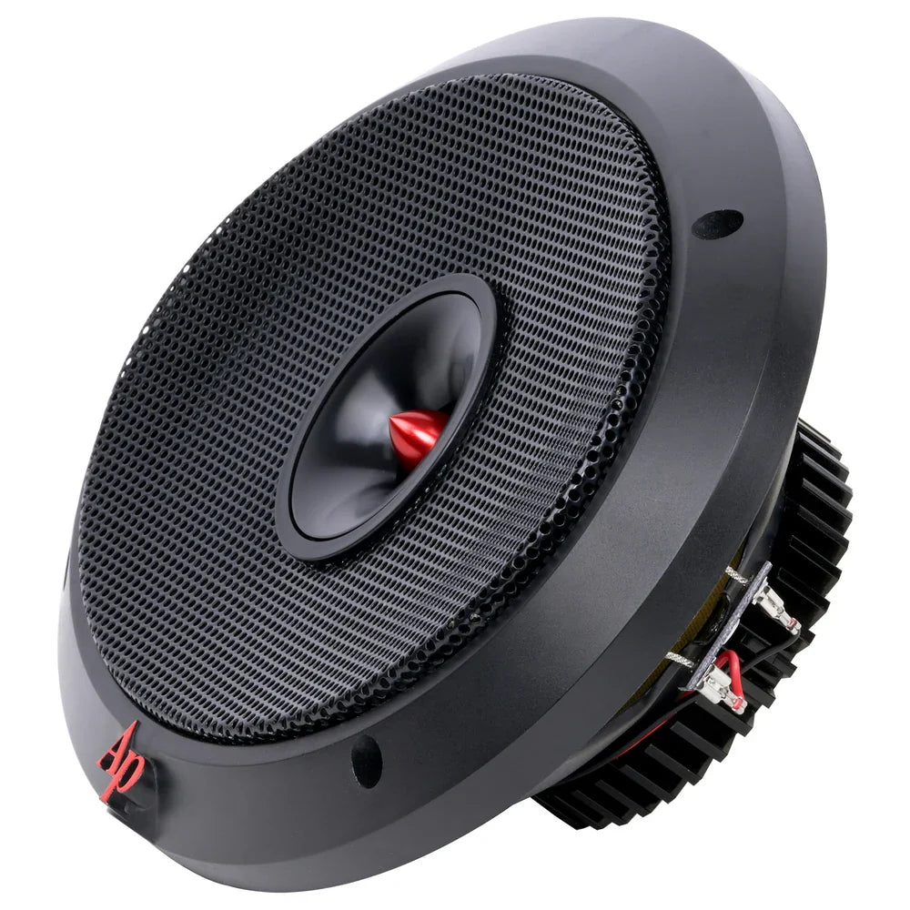 Black speaker angled view with perforated grille and red-tipped dome in center