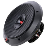 Black speaker angled view with perforated grille and red-tipped dome in center