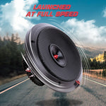 Black car speaker with mesh grille and red center driver, angled on road backdrop