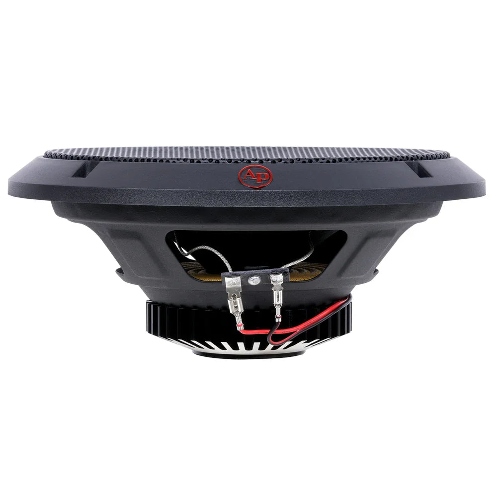 Black 8-inch dynamic loudspeaker underside with exposed terminals and mounting hardware
