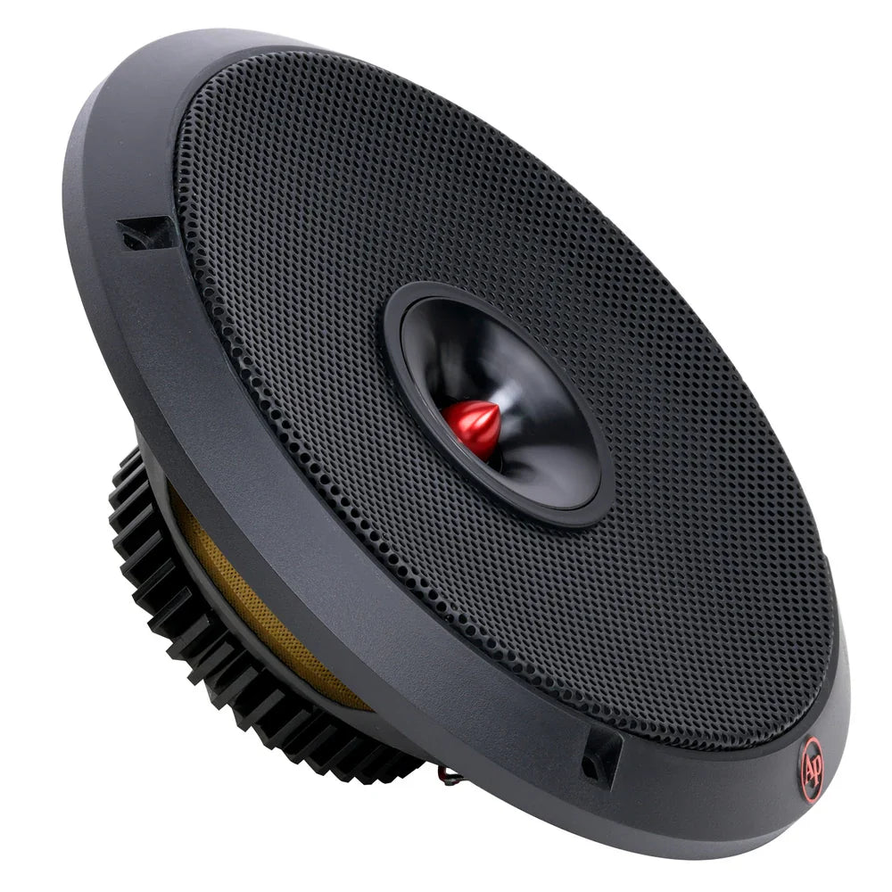 Black 8-inch dynamic loudspeaker side angle with mesh grille and red center dome