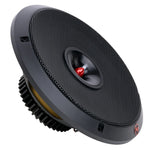 Black 8-inch dynamic loudspeaker side angle with mesh grille and red center dome