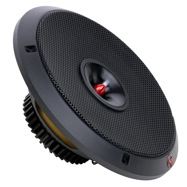 Black 8-inch dynamic loudspeaker side angle with mesh grille and red center dome