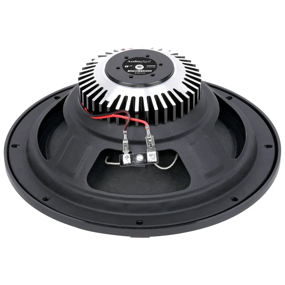 Black 8-inch dynamic loudspeaker back panel with heatsink fins and wiring terminals