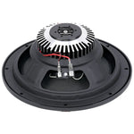 Black 8-inch dynamic loudspeaker back panel with heatsink fins and wiring terminals