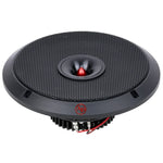 Black 8-inch dynamic loudspeaker with mesh grille and red center dome, front view