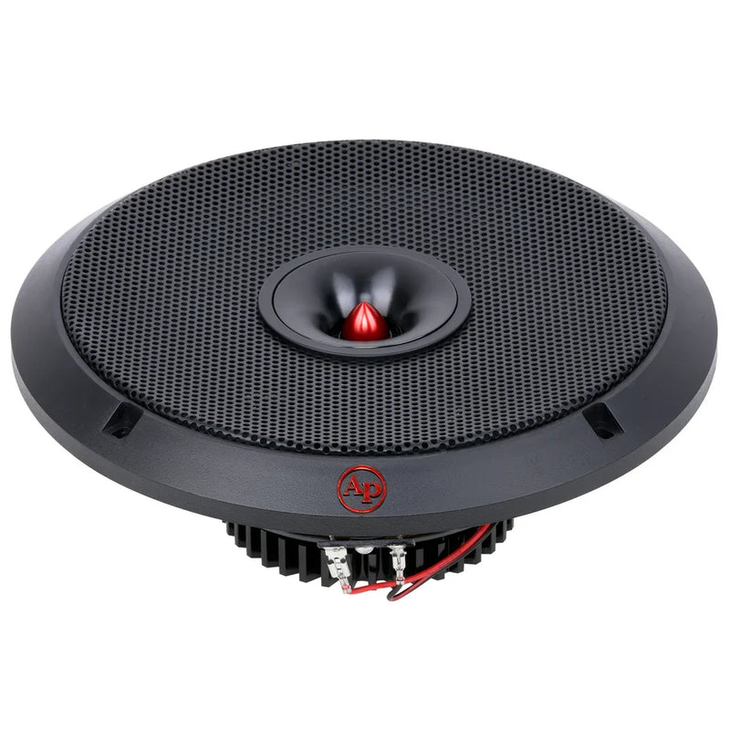 Black 8-inch dynamic loudspeaker with mesh grille and red center dome, front view