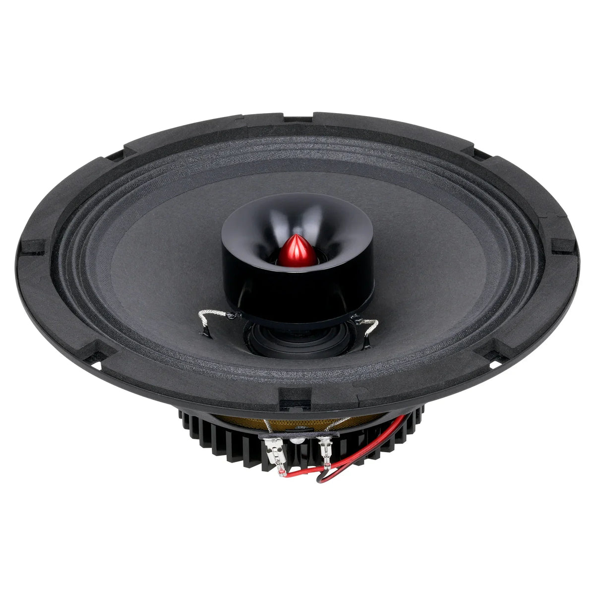 Black 8-inch dynamic loudspeaker rear view with red dome tweeter and grille frame