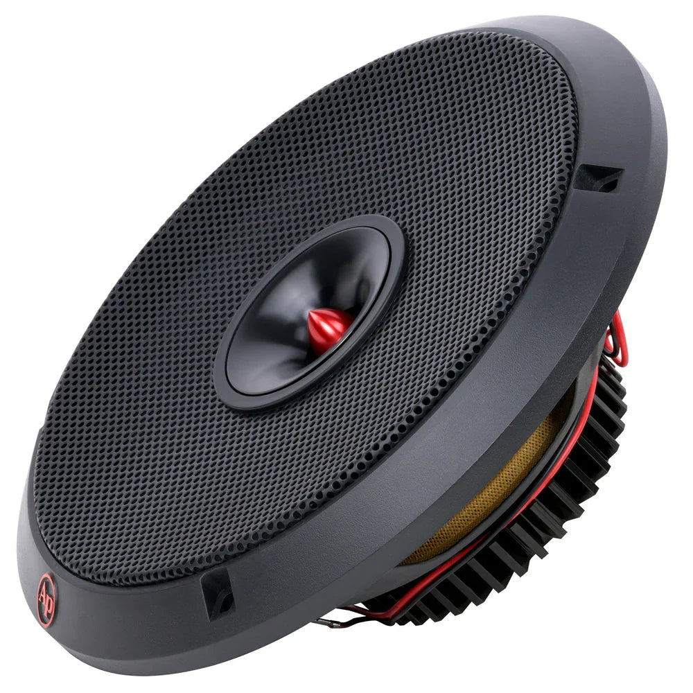 Black 8-inch dynamic loudspeaker close-up with mesh grille and red center dome