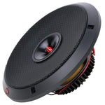Black 8-inch dynamic loudspeaker close-up with mesh grille and red center dome