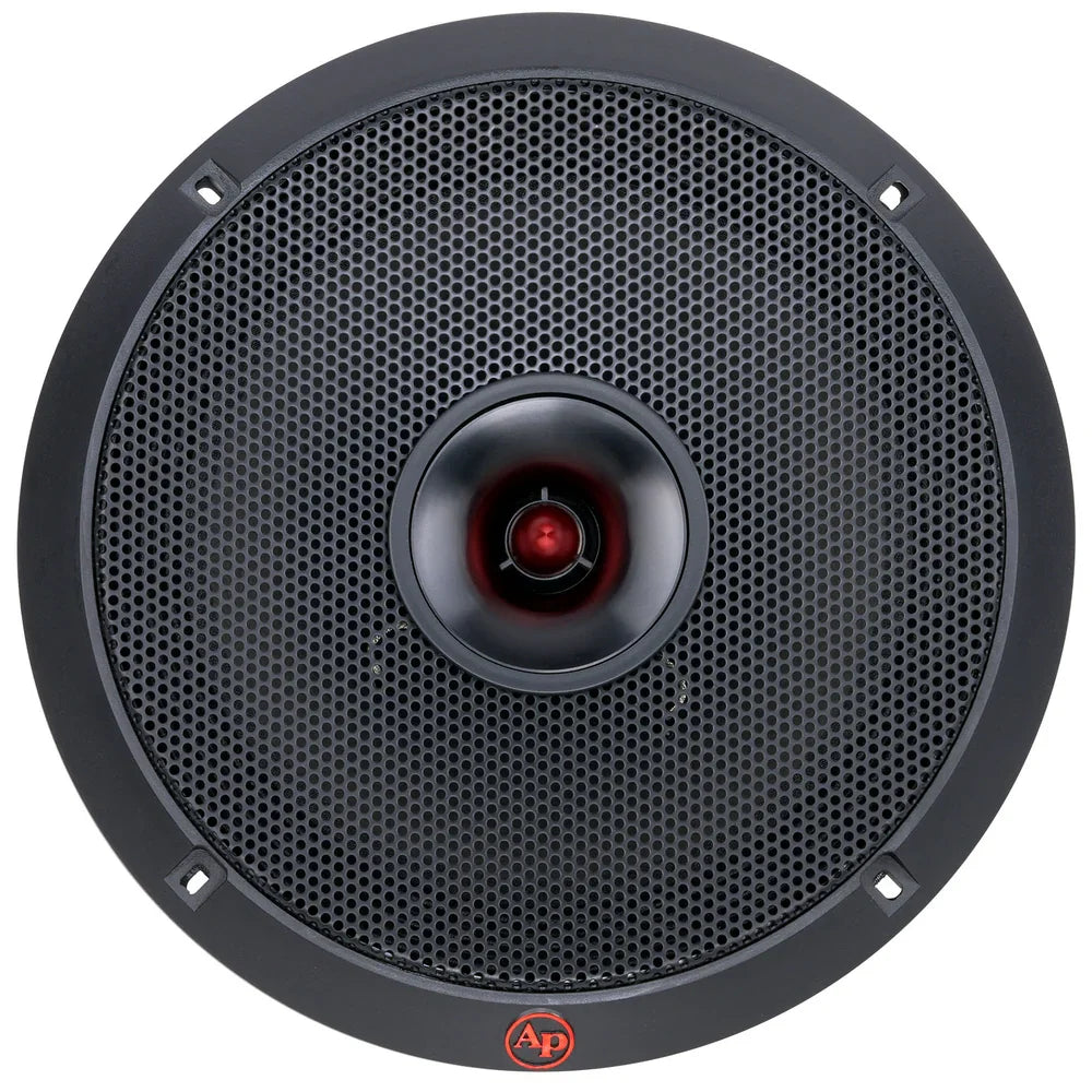 Black 8-inch dynamic loudspeaker front grille with red center dome and corner cutouts