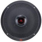Black 8-inch dynamic loudspeaker front grille with red center dome and corner cutouts