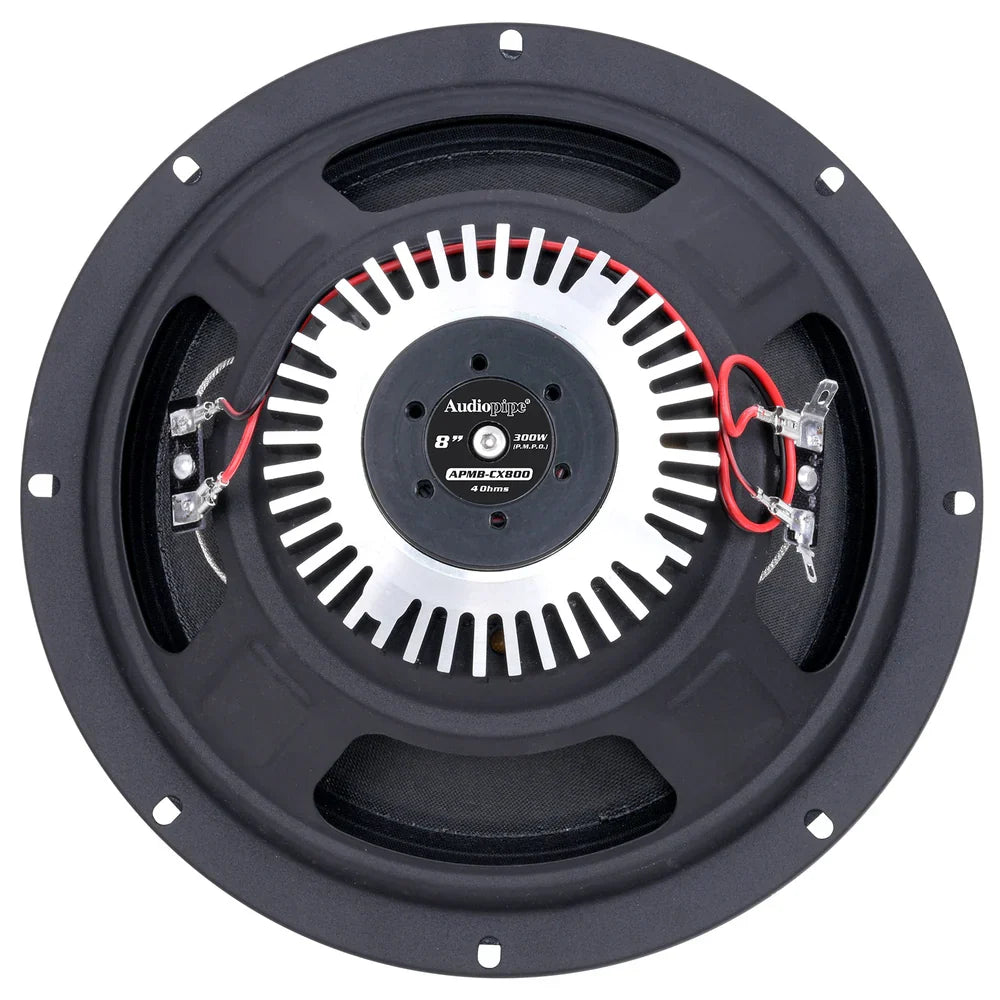 Black 8-inch dynamic loudspeaker back view with label and red/black wiring