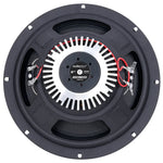 Black 8-inch dynamic loudspeaker back view with label and red/black wiring