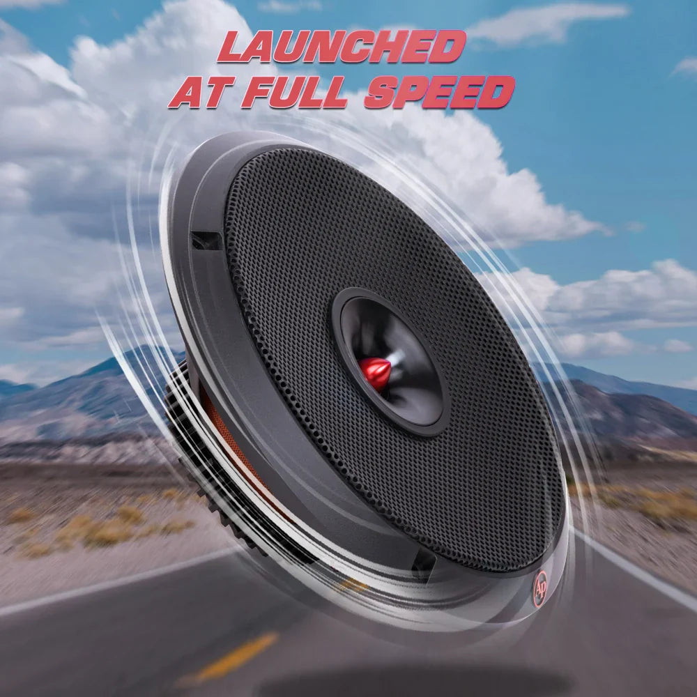 Black 8-inch dynamic loudspeaker front view with mesh grille and red center dome