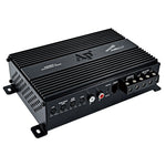 Black car audio amplifier with control panel and metal mounting brackets