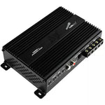 Audiopipe micro amplifier with black metal heatsink, input/output terminals and power controls