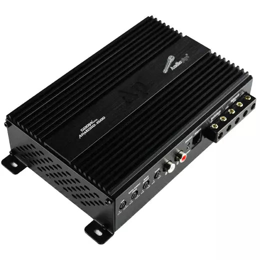 Audiopipe micro amplifier with black metal heatsink, input/output terminals and power controls
