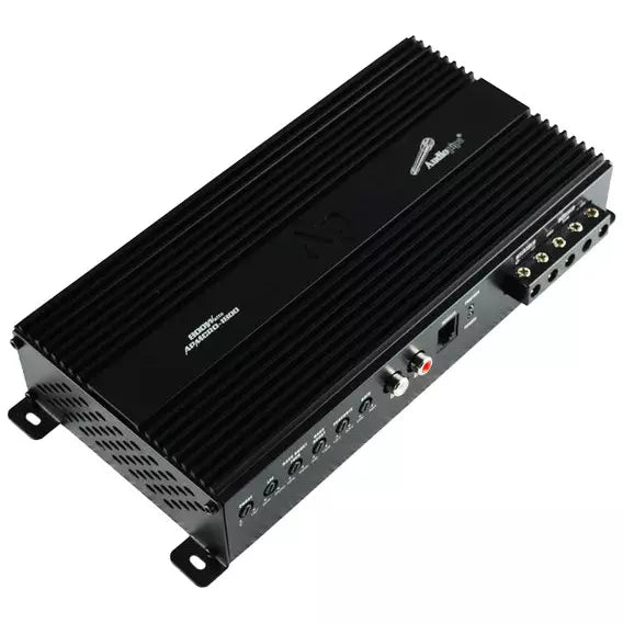 Audiopipe micro amplifier, black metal chassis with side I/O ports and mounting brackets