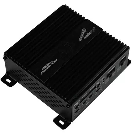 Audiopipe 4-channel micro amplifier, black metal with heatsink fins and mounting brackets
