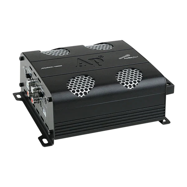 4-channel full range amplifier with metal housing and front cooling grille vents