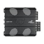 4-channel full range amplifier front panel with four circular metal grille vents