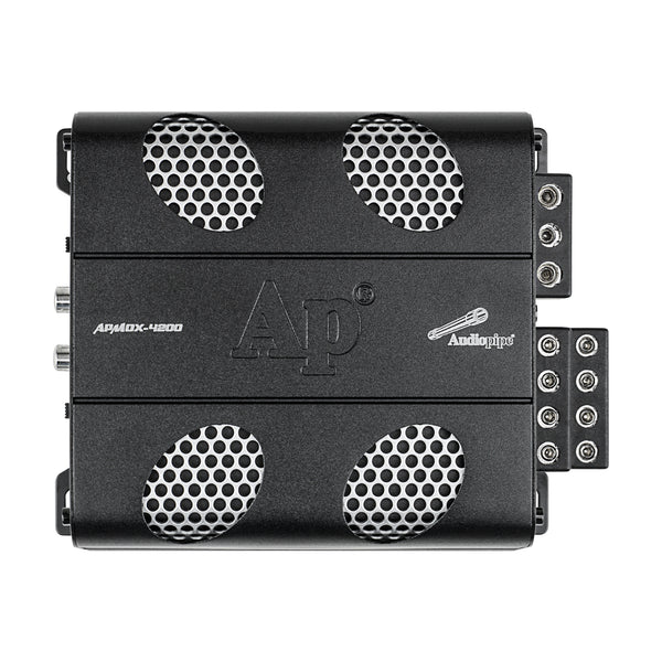 4-channel full range amplifier front panel with four circular metal grille vents