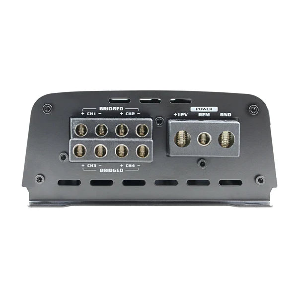 4-channel full range amplifier rear connectors with power, ground, and output terminals