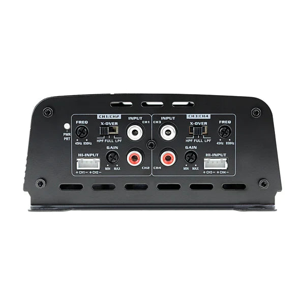 4-channel full range amplifier control panel with input switches and gain controls