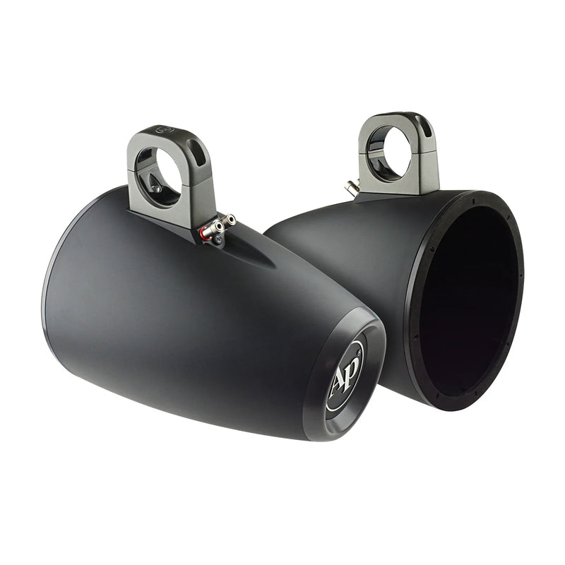 Black tower speaker enclosure with side wiring terminals and bracket