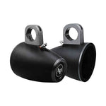 Pair of dark speaker tower enclosures with black mounting ring and AP logo