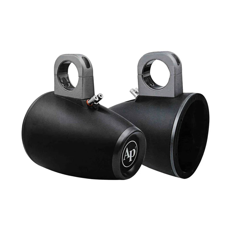 Pair of dark speaker tower enclosures with black mounting ring and AP logo