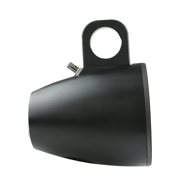 Black marine speaker tower enclosure with top handle ring and cable terminal