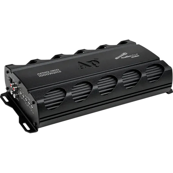 Side view of black monoblock amplifier with vented speaker-style grille