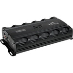Side view of black monoblock amplifier with vented speaker-style grille