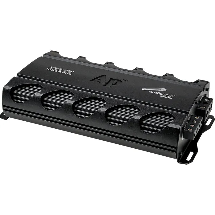 Black monoblock amplifier with oval cooling fan vents and side mounting brackets