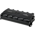 Black monoblock amplifier with oval cooling fan vents and side mounting brackets