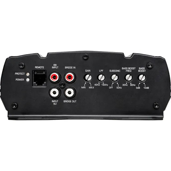 Amplifier rear panel with input/output ports, gain and filter knobs, and switches