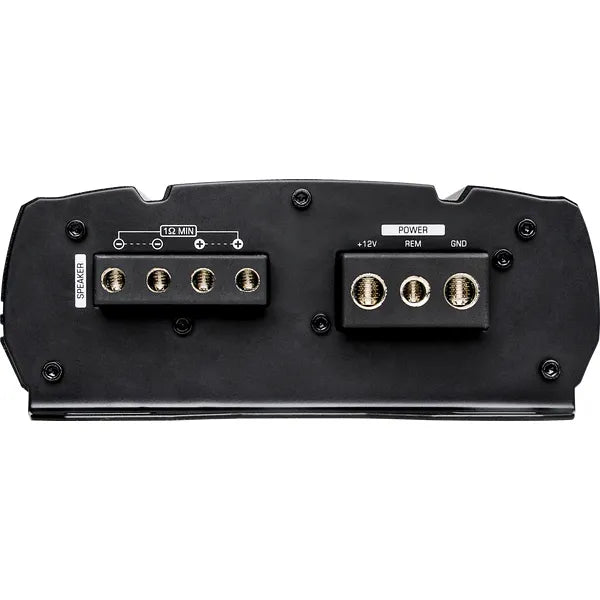 Amplifier rear connection area with power terminals and labeled control block