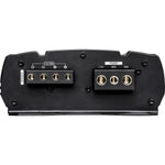 Amplifier rear connection area with power terminals and labeled control block