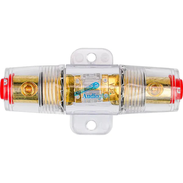 Clear inline fuse holder with gold terminals and red end caps
