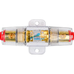 Clear inline fuse holder with gold terminals and red end caps